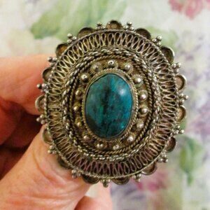 VINTAGE Jerusalem 900 Silver Malachite Brooch Pendant ~ CONVERTIBLE Jewelry